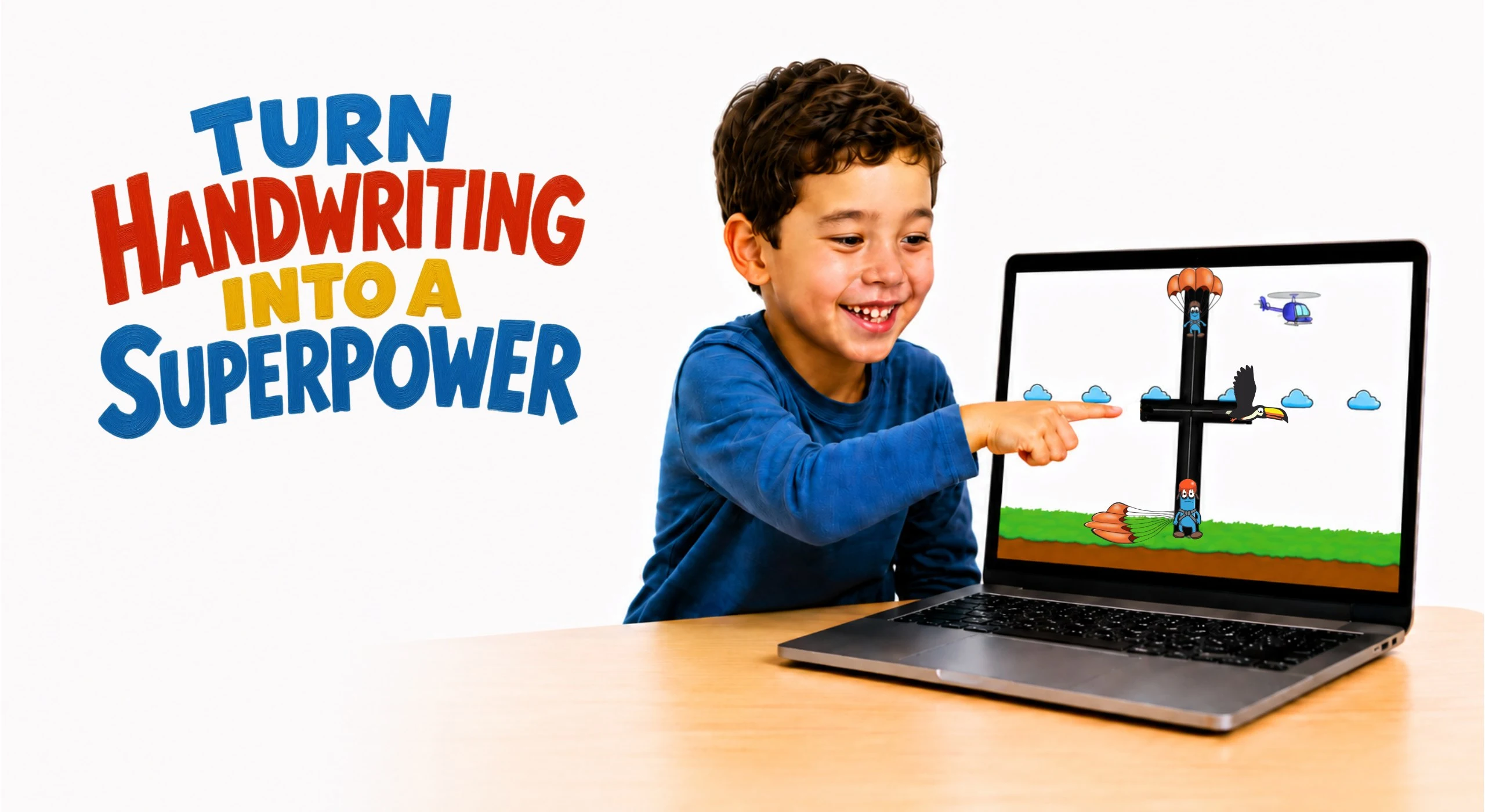 Child pointing excitedly at an animated handwriting lesson on a laptop — Turn Handwriting into a Superpower