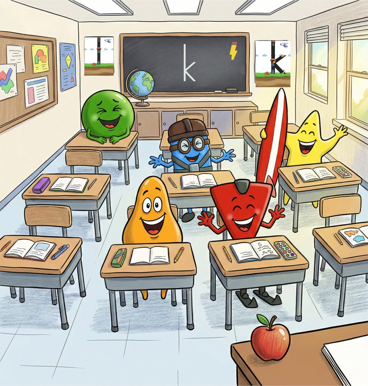 Cartoon classroom full of Handwriting Heroes characters laughing at their desks: a green bouncing ball, a blue skydiver in goggles, a yellow star, a red skier, and an orange surfer. The letter k is written on the chalkboard, with letter posters on the walls.