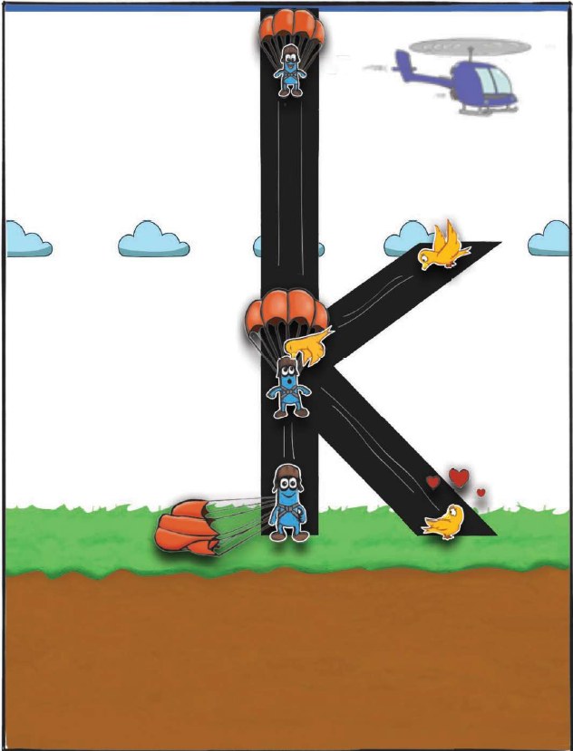 Illustration of the letter k on three-lined paper. A skydiver drops from the skyline down the tall line of the k to the grass. A yellow bird flies in along the first diagonal, kisses him at the middle, and flies away along the second diagonal, leaving little hearts behind.