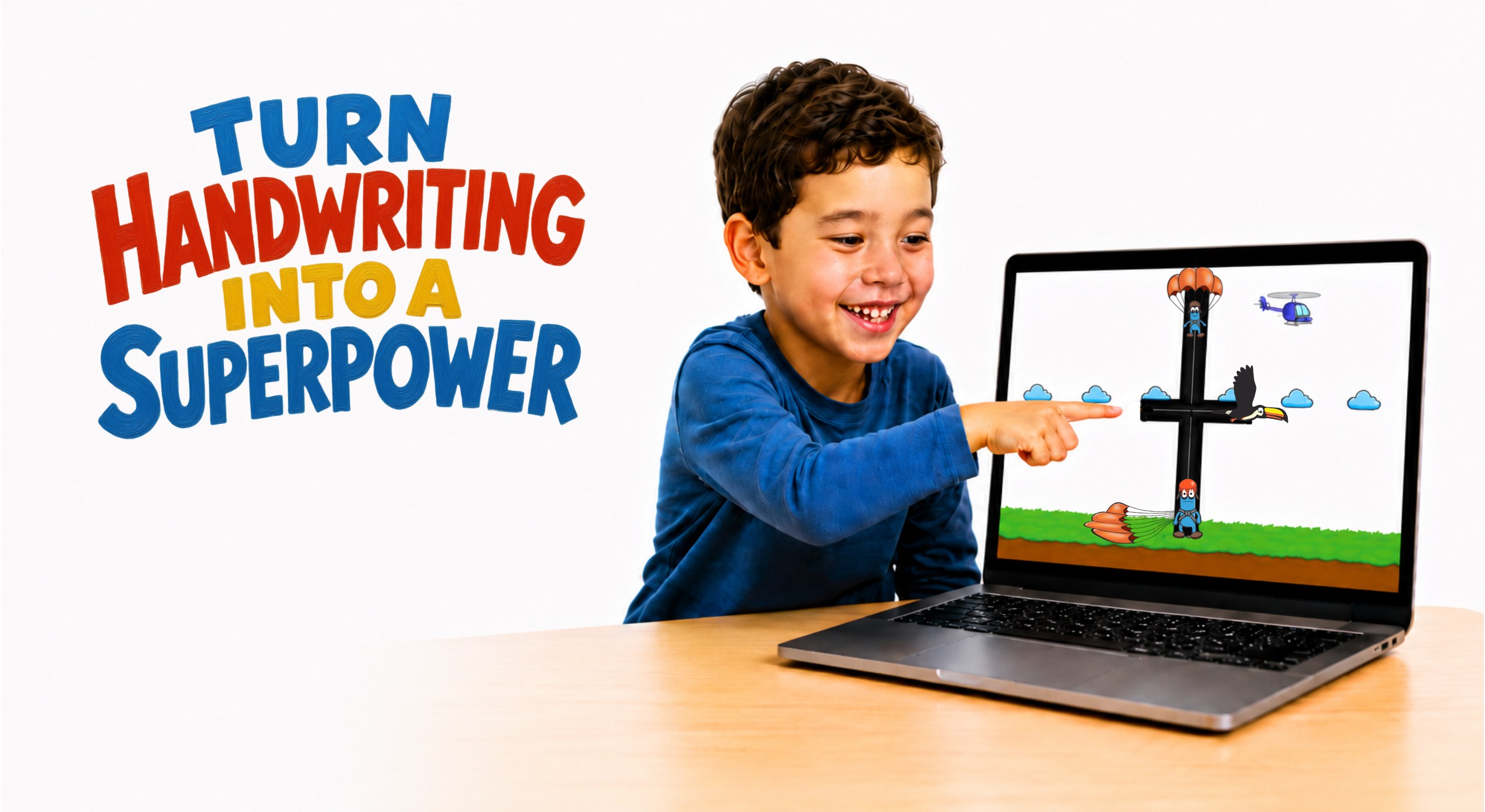 Child pointing excitedly at an animated handwriting lesson on a laptop — Turn Handwriting into a Superpower